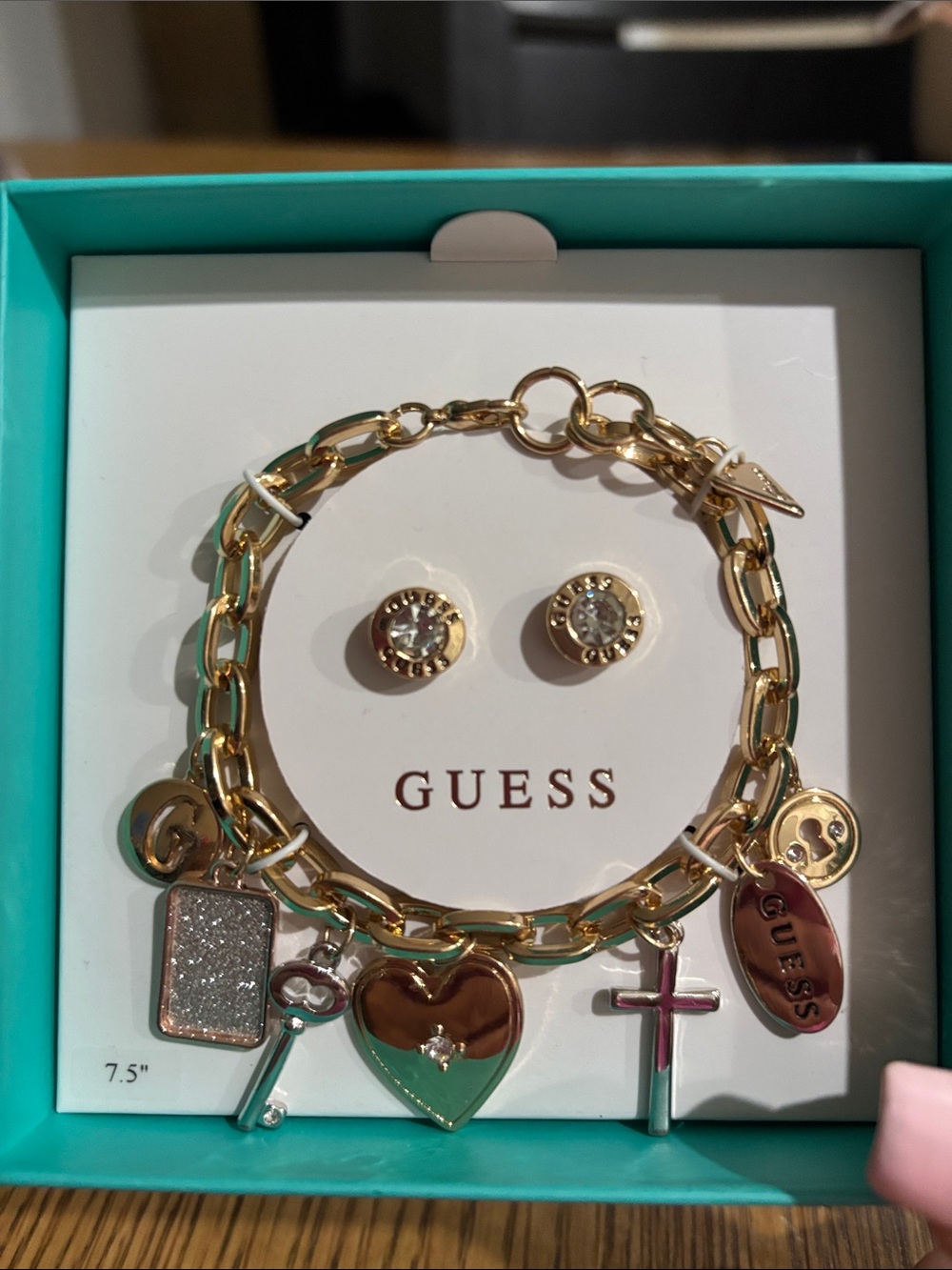 GUESS Gold-Tone Multi-Charm Bracelet with Crystal Stud Earrings